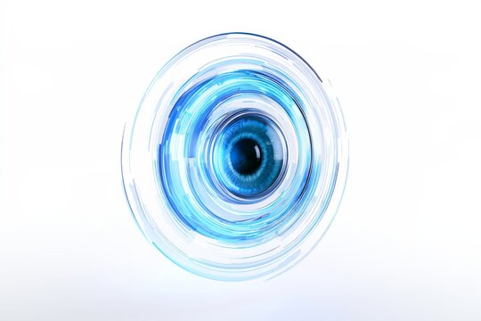 3D cyber bionic eye iris scan icon with neon glow rings isolated on white background. Premium frosted glassmorphism computer vision AI concept