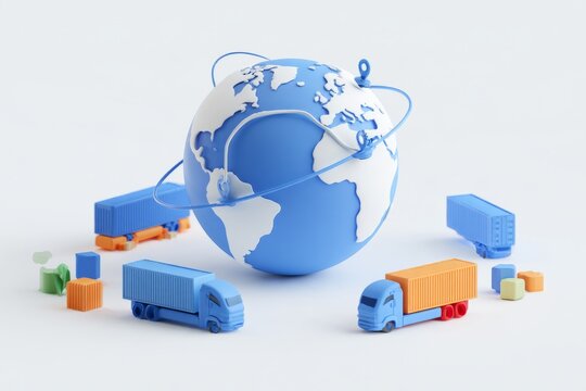 3D global logistics delivery icon with globe earth and cargo truck isolated on white background. Matte claymorphism supply chain concept.