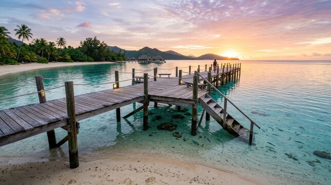 A wooden pier extending into a calm turquoise ocean at sunset, with a tropical island in the background and palm trees on the shore.