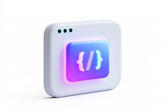3D code window icon with glowing neon bracket lines isolated on white background. Premium glassmorphism style programming software AI development.