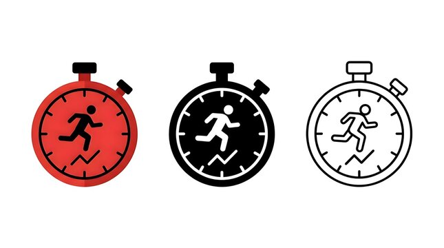Three variations of a stopwatch icon featuring a person running inside
