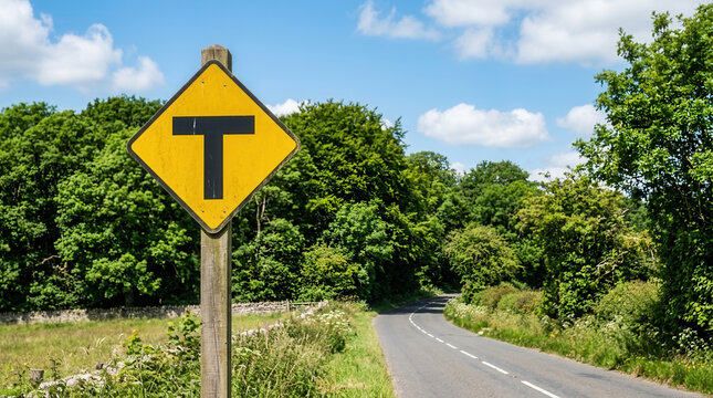 Yellow T Junction Road Sign In A Green Countryside Setting