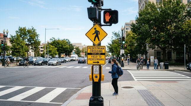 Urban Pedestrian Crossing Traffic Signals And Busy Street