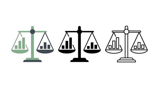 Three variations of a scale icon featuring bar charts for data comparison