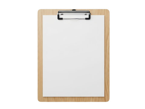 Wooden clipboard with a blank white paper sheet isolated on transparent background