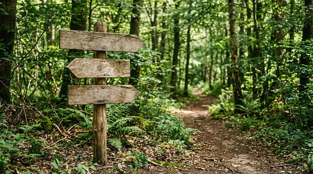 Wooden Directional Sign In A Lush Forest Trail