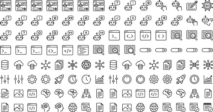Artificial intelligence, coding and software development line vector icon set with programming, data processing, and tech symbols on white background   