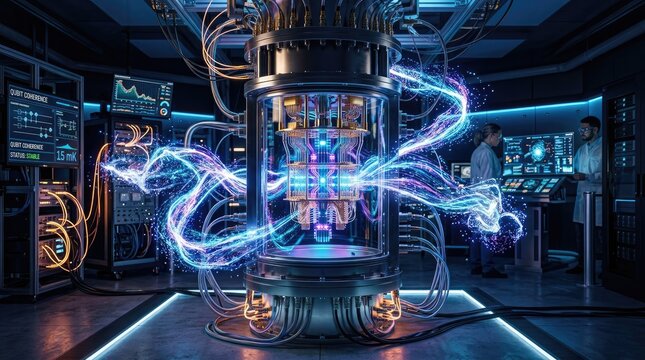 A futuristic laboratory with scientists working on a high-tech experiment.