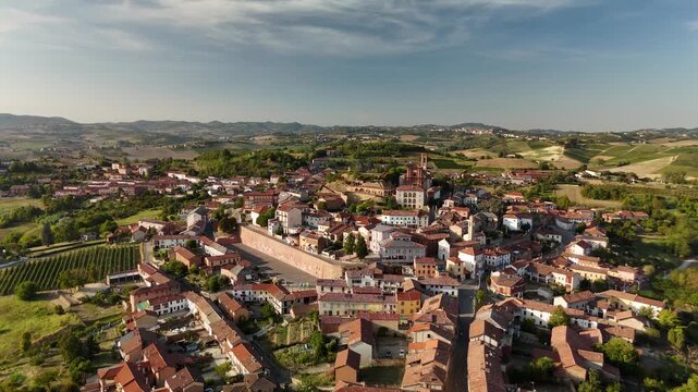 Aerial drone view of Calliano hilltop village, historic town in Monferrato, italy