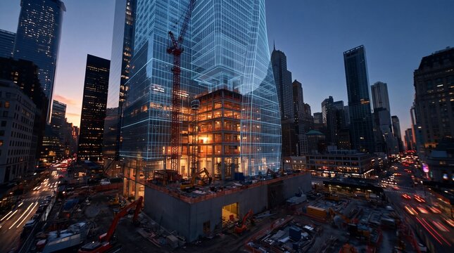 Digital Twin Wireframe Hologram Over Skyscraper Construction Site