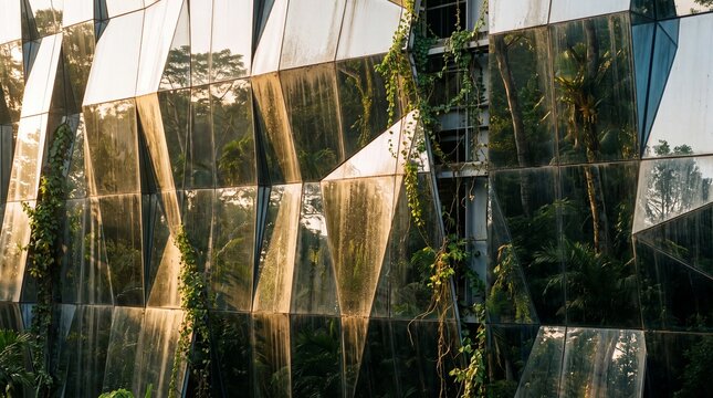 Modern Glass Geometric Facade Integrated with Lush Tropical Forest