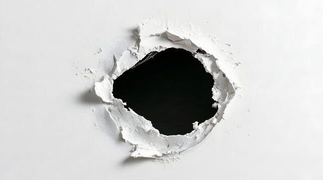 Circular breach in white plaster wall with dark interior cavity isolated on white background