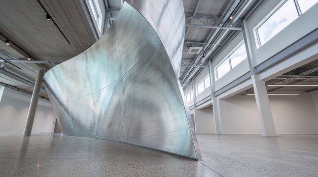 Large Curved Metal Sculpture in Modern Exhibition Gallery