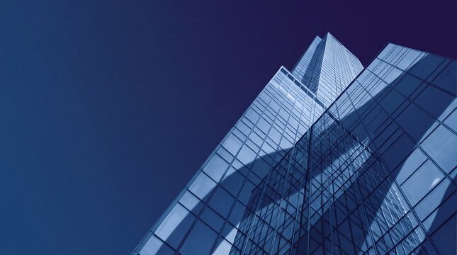 Modern Glass Skyscraper Looking Up into Blue Sky