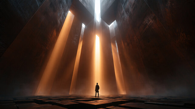 Silhouette in Massive Futuristic Interior with Dramatic Light Beams