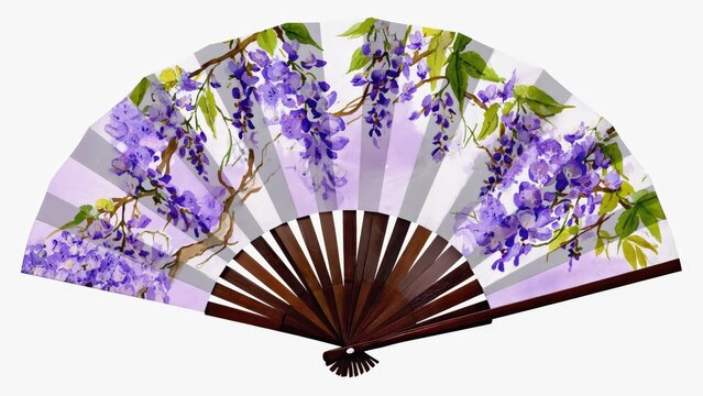 Elegant Wisteria Fan: Traditional Japanese Handheld Fan with Purple Floral Design, Decorative Arts and Cultural Symbolism.