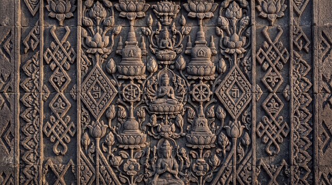Buddhist Stone Relief Carving with Buddha and Lotus