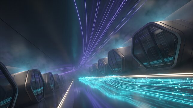 Futuristic hyperloop transport system, high-speed magnetic levitation train in dark tunnel, neon light trails and fiber optic data motion