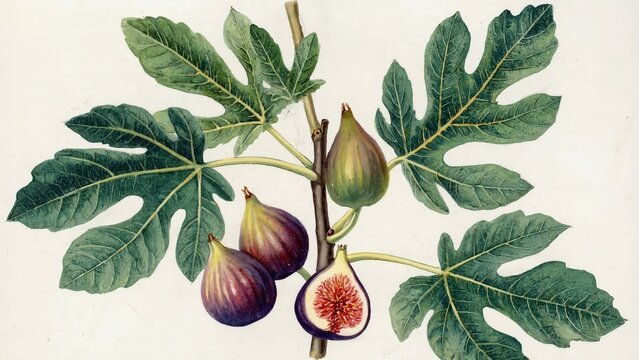 Vintage Botanical Illustration of Fig Tree Branch with Fruits and Leaves, Detailed Antique Fruit Study for Food and Nature Themes.