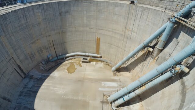 Large concrete reservoir tank interior view showing pipes and structural walls, industrial water storage facility.