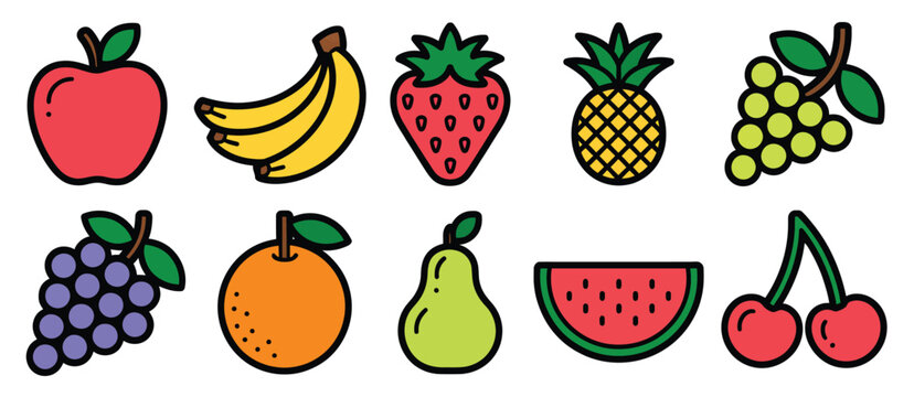 Fresh fruit vector icon set, 10 colorful pictograms featuring apple banana strawberry grape watermelon and food e-commerce web UI design