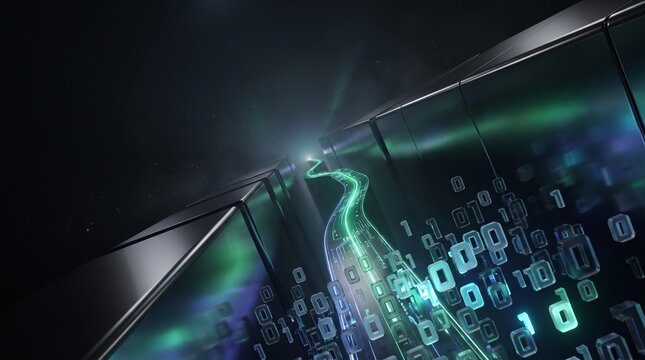 Futuristic digital data stream with binary code, glowing green fiber optic light path on dark metallic surface, high tech information highway background