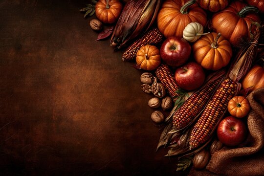 Harvest background with pumpkins apples corn and nuts on rustic wood
