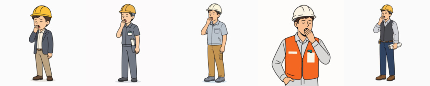 Set of vector illustrations of a male architect standing and yawning.