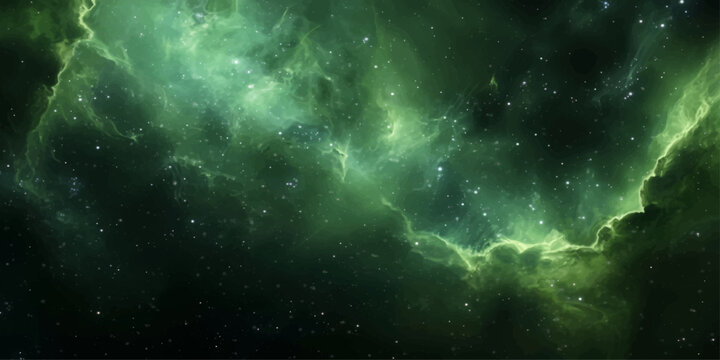 A stunning celestial nebula in vibrant green hues, speckled with distant stars, creates a breathtaking cosmic backdrop, evoking wonder and mystery.