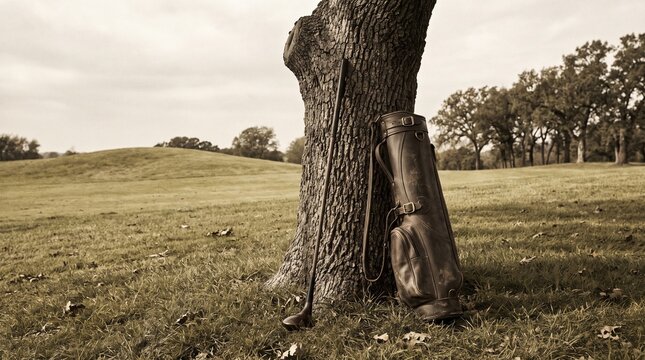 Vintage golf bag leaning against a large tree on a quiet golf course in the golden hour