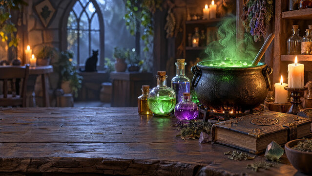 Witch potion table with a bubbling green cauldron, glowing bottles, candles and an old book