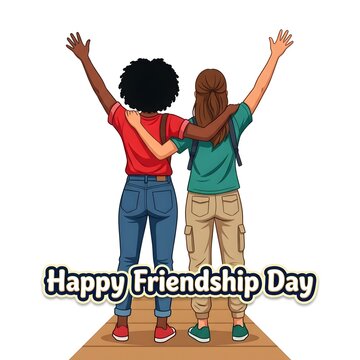 Two diverse female friends hugging with arms raised celebrating friendship day