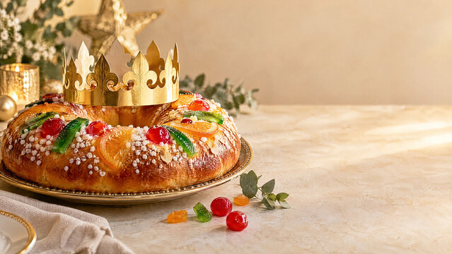 King cake with candied fruit and a golden paper crown on a festive table
