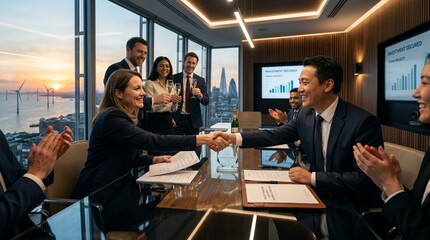 Fototapeta na wymiar Business professionals celebrating successful deal in modern boardroom with city skyline view