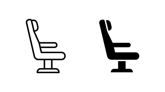 Airplane seat icon set with side view posture design in outline and solid black styles for travel booking and transportation utility.