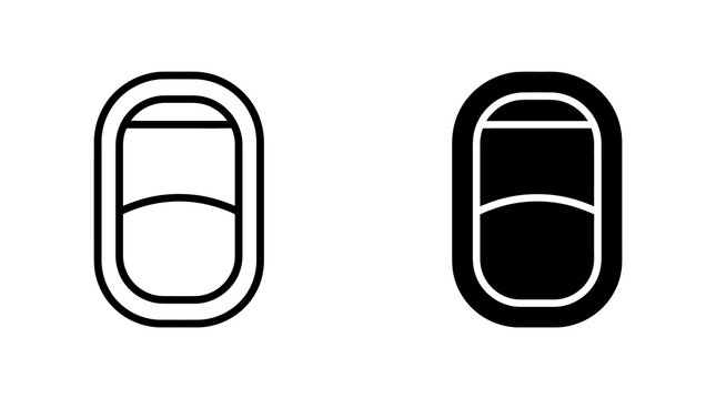 Airplane window icon set featuring round rectangular frame design in outline and solid black styles for travel booking and mobile apps.