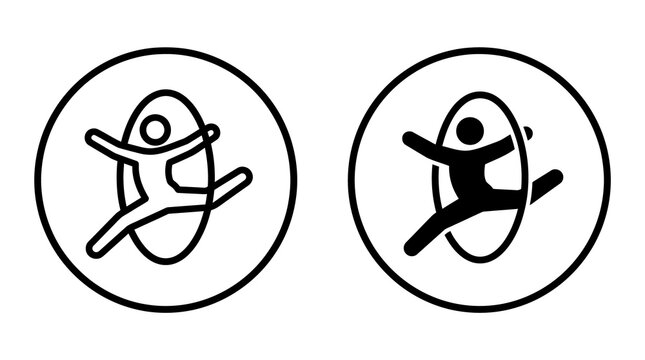 People jumping through circular portal icons for teleportation and science fiction concepts.