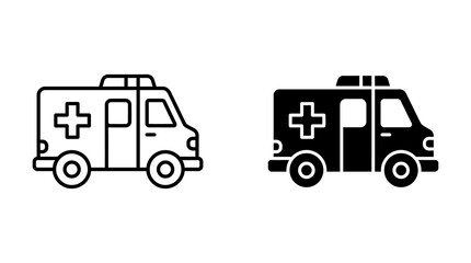 Emergency ambulance vehicle icon set in outline and filled styles for medical assistance. © Iqrabatool