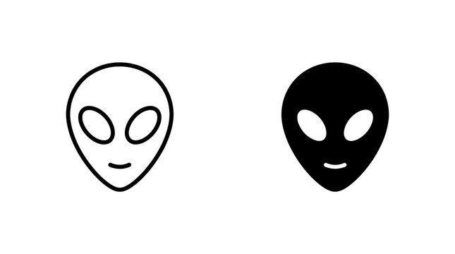 Extraterrestrial alien head icon set in black outline and flat styles for sci-fi concepts.