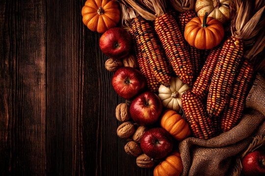 Harvest still life with pumpkins, apples, corn and nuts on wood background