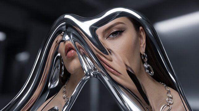 Futuristic woman with silver face paint and metallic hair looks intensely at the viewer