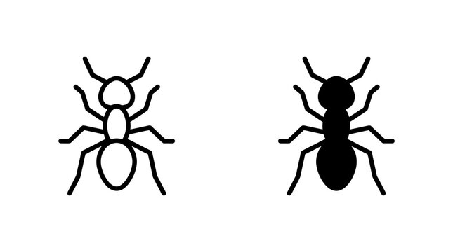 Black and outline ant insect icons for entomology study or educational biology projects.