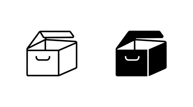 Open storage box icons with linear and solid styles for logistics and warehouse management.