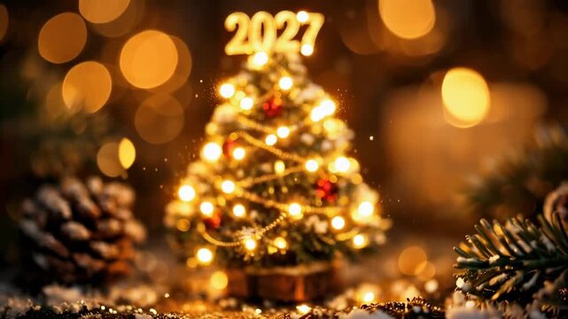 Miniature decorated christmas tree with glowing 2027 topper and warm golden bokeh lights, snowy pinecones and festive sparkle
