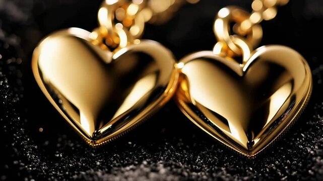 Closeup of two gold heart pendants on a delicate chain resting on black fabric. shiny heart necklace jewelry macro luxury and romance.