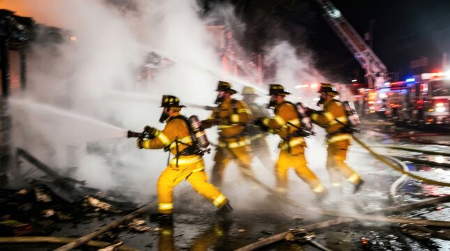 Firefighters in protective gear working together to extinguish a large structure fire at night, spraying water hoses into thick smoke and flames