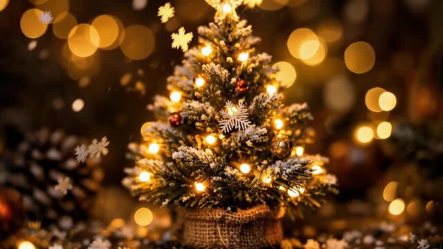 Small decorated christmas tree with warm lights and falling snow in a cozy bokeh holiday tabletop scene.