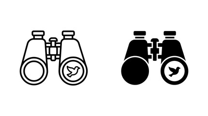 Binoculars icon set featuring bird motifs in line and solid black styles for ornithology and nature observation. © Iqrabatool
