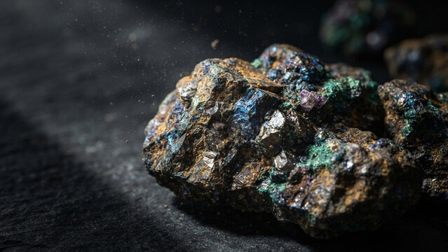 Macro close-up of raw rare-earth mineral ore with metallic crystalline texture, representing critical minerals mining, clean energy supply chains, and industrial resource extraction