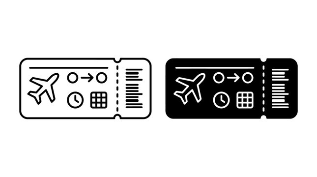 Airplane boarding pass icon set with flight travel symbols for airline ticket reservation and vacation planning.